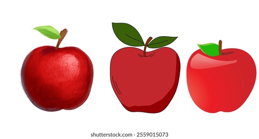 Three red apples green leaves were isolated against a white background. Vector illustration.