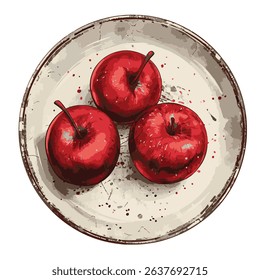 Three red apples on a vintage plate depicting a watercolor hand drawn illustration