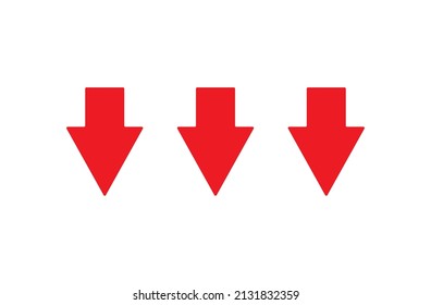 Three red arrow down. Fall icon, loss, bankruptcy. Reduction of shares on the stock exchange, depreciation, drop of securities. Process of financial collapse. Bad result concept. Vector