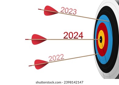Tres flechas rojas alcanzan el tablero con el número 2024. Blanco de tiro con arco y toro. Éxito empresarial, objetivo de inversión, desafío de oportunidad, estrategia de objetivos, concepto de enfoque de logros