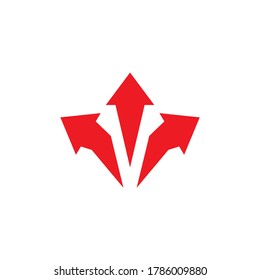 Three red arrows up point Three-way direction. Right, left, forward pointer. Expand Arrows icon. Outward Directions, variants icon. Vector illustration. Isolated on white. 
