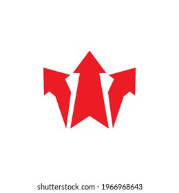 Three red arrows up point Three-way direction. Right, left, forward pointer. Expand Arrows icon. Outward Directions, variants icon. Vector illustration. Isolated on white. 