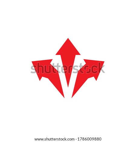 Three red arrows up point Three-way direction. Right, left, forward pointer. Expand Arrows icon. Outward Directions, variants icon. Vector illustration. Isolated on white. 