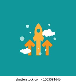 three red arrows up with rocket and clouds on blue background. Launch, upgraid icon. Creative project start, business advance, breakthrough sign. Fast growth symbol. Speed, grow up, increase