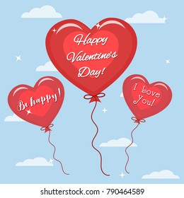 Three red balloon with the text of congratulations on Valentine's Day flies in the sky. Vector, flat style.