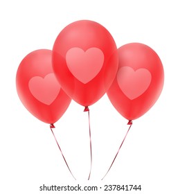 Three red balloons with heart print on them. Valentine's Day decoration element. Vector illustration