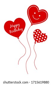 Three red balloons in the shape of a heart: with a white lettering handwritten inscription "Happy Birthday", with a smiley face, with a pattern of white polka dots. Vector graphics, illustration