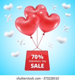 Three red balloons in the shape of a heart lifted sky with mega sale package gift vector illustration background blue sky clouds in shape percent