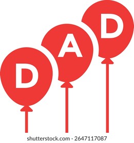 Three red balloons with white letters spelling out "DAD" are arranged diagonally against a clean white background, symbolizing celebration and fatherhood.