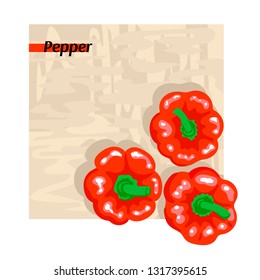 Three red bell peppers stand on a wooden table. Top view of the vegetables. Vector illustration
