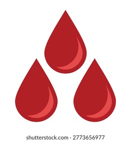Three red blood drops on white background, symbolizing health, medical concept