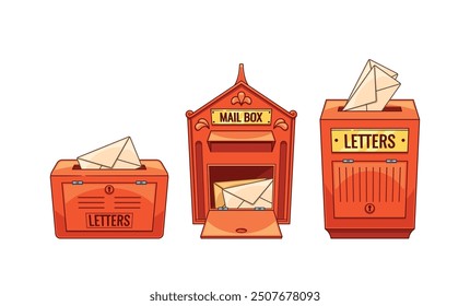 Three Red British Mailboxes With Letters, Displaying Traditional Design And Postal Concept, Cartoon Vector Illustration