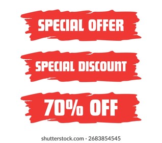 Três banners de traçado de pincel vermelho anunciando 'Oferta Especial', 'Desconto Especial' e '70% Desconto' para promoções e vendas.
