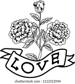 three red bud roses with a ribbon with the inscription love is drawn by a line. In the old style of tattoo