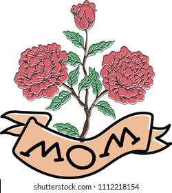 three red bud of roses with a ribbon with the inscription mom. In the old style of tattoo