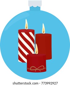 Three red burning candles in blue christmas-tree ball.