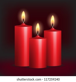 Three red burning candles on black background. Vector illustration