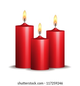 Three red burning candles on white background. Vector illustration