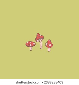 three red cap white spotted toadstool mushrooms fly agaric Amanita fungi fungus decomposers magical fantasy fairy house forest composition digital artwork isolated vector icon image yellow background 
