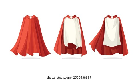 Three red capes are shown one completely red another with white lining and one flowing.