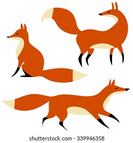 three red cartoon foxes in motion, isolated on a white background