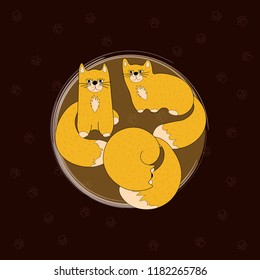Three red cats on brown background. Flat style illustration of tree cats. 