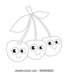 Three Red Cherries cartoon. Outlined object with black stroke.