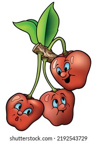 Tres cerezas rojas con cara en una peluca con hojas - Ilustración de dibujos coloreados aislados en fondo blanco, vector