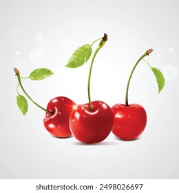 Three red cherries with a green leaf. a white background.