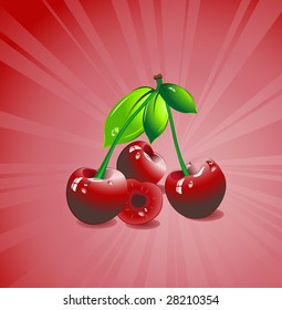 Three red cherries with green leaves