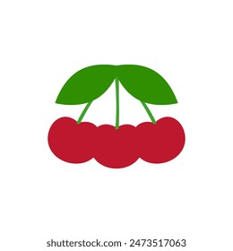 Three red cherry together. Large cherries with leaves. Vector illustration on white background. 