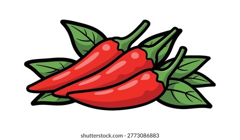 Three red chili peppers with green leaves