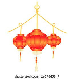 Three red chinese or lunar new year lanterns hanging. Traditional asian spring festival decoration. Holiday ornament for celebration.