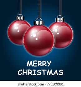 Three red christmas ball hanging. Vector illustration.