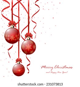 Three red Christmas balls with bow, tinsel and confetti isolated on white background, illustration.