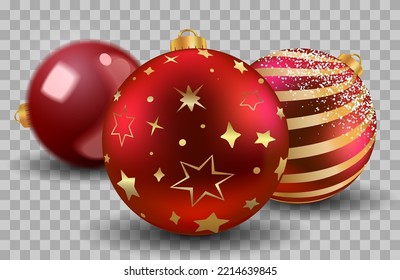 Three red Christmas balls with gold stars, empty and  transparent New year toy decoration - vector