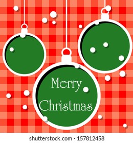 Three red christmas balls on red background with place for text