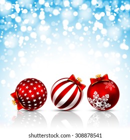Three Red Christmas Balls on holiday background. Vector illustration. 