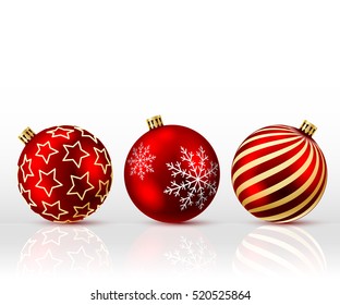 Three Red Christmas Balls on white background. illustration. Vector