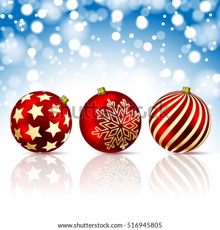 Three Red Christmas Balls on snowfall background. Illustration Vector