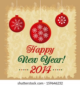 three red christmas balls with snowflakes inside them with text for happy new year in a brown textured background