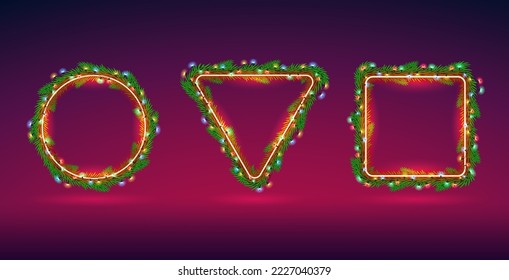 Three Red Christmas Neon Fir Branch Frames with Lights Decorations. Round, triangular and square copy space. Vector clip art for your holidays project design.