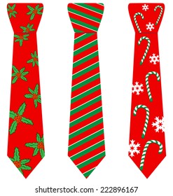 Three red Christmas ties with print isolated on white background