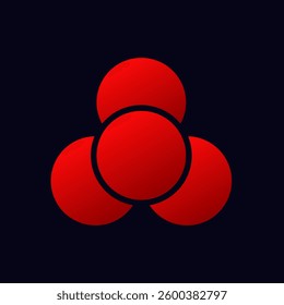 Three red circles create a triangular shape, centered by a larger sphere, suggesting unity and balance.