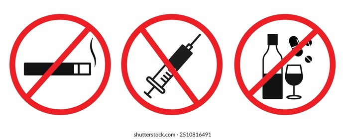 Three red circles with no smoking, no alcohol and no vaccine written on them. The circles are placed next to each other