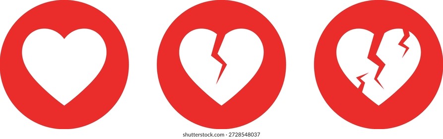 Tres círculos rojos con corazones blancos que muestran la progresión de todo a amor de corazón roto