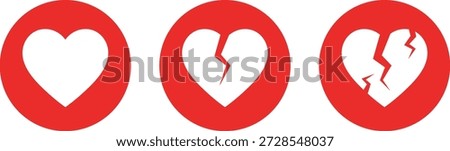 Three red circles with white hearts showing progression from whole to broken heart love