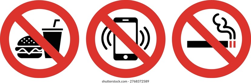 Three red circular prohibition signs depict restrictions against eating, using mobile phones, and smoking indoors.