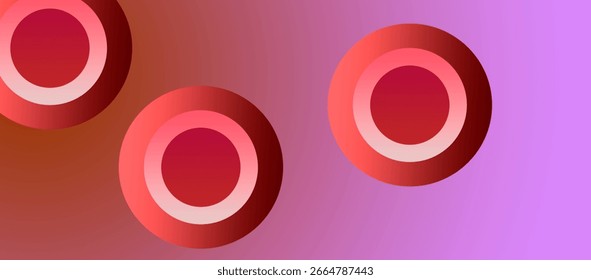 Tres Formas circulares rojas con anillos interiores rosas sobre un fondo degradado de marrón a púrpura, proyectando sombras sutiles.