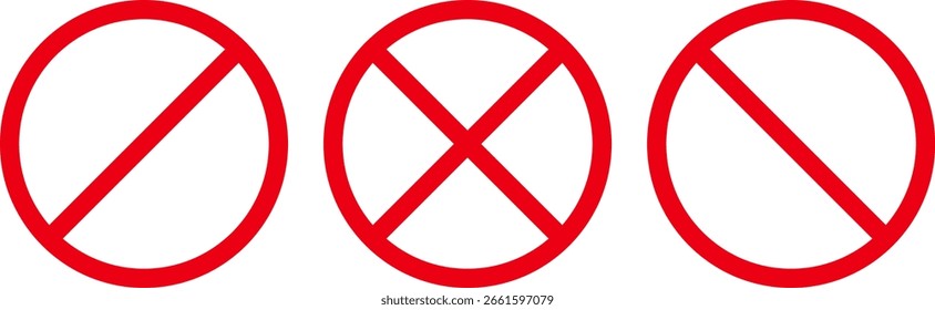 tres símbolos circulares rojos, todos comúnmente asociados con signos de prohibición o restricción. Cada círculo tiene líneas diagonales en su interior.